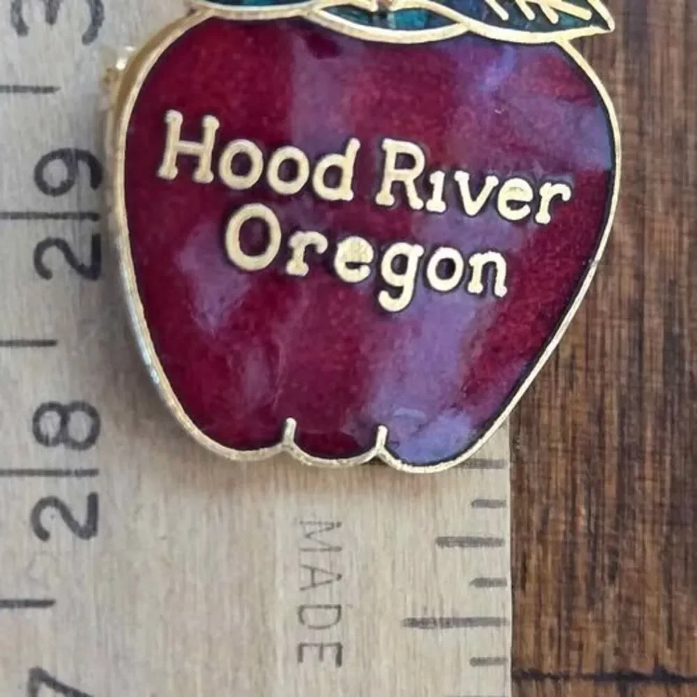 Vintage Hood River Oregon Red Apple Souvenir Brooch Pin Gold Tone Enamel